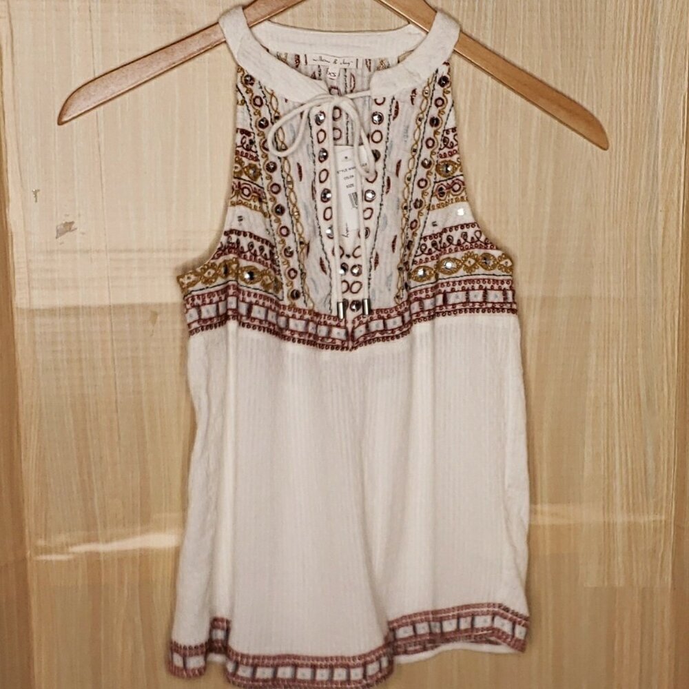 Willow & Clay Womens New Boho White Sleeveless Top With Embroidery Detail XS